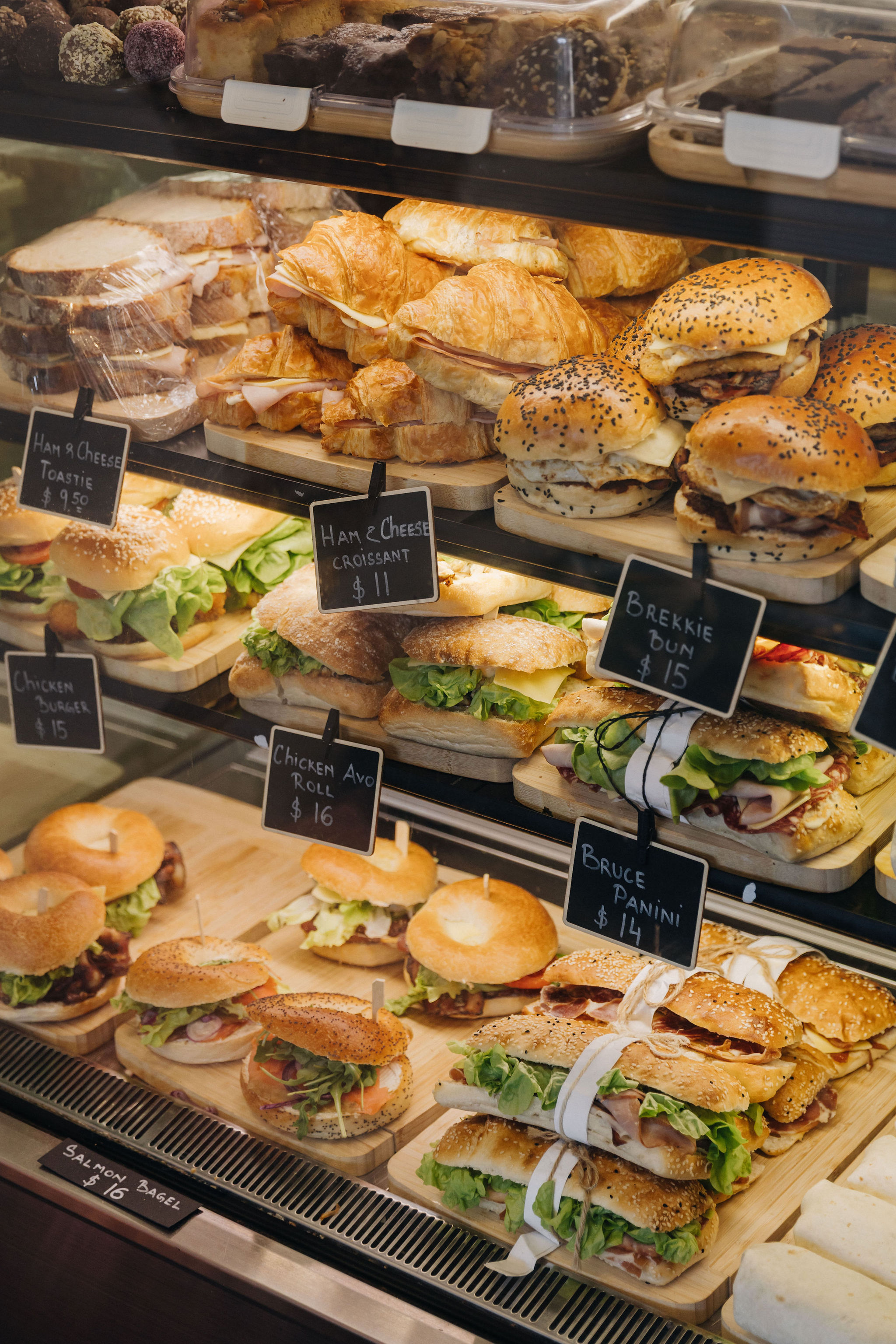Sandwiches and rolls in the display cabinet